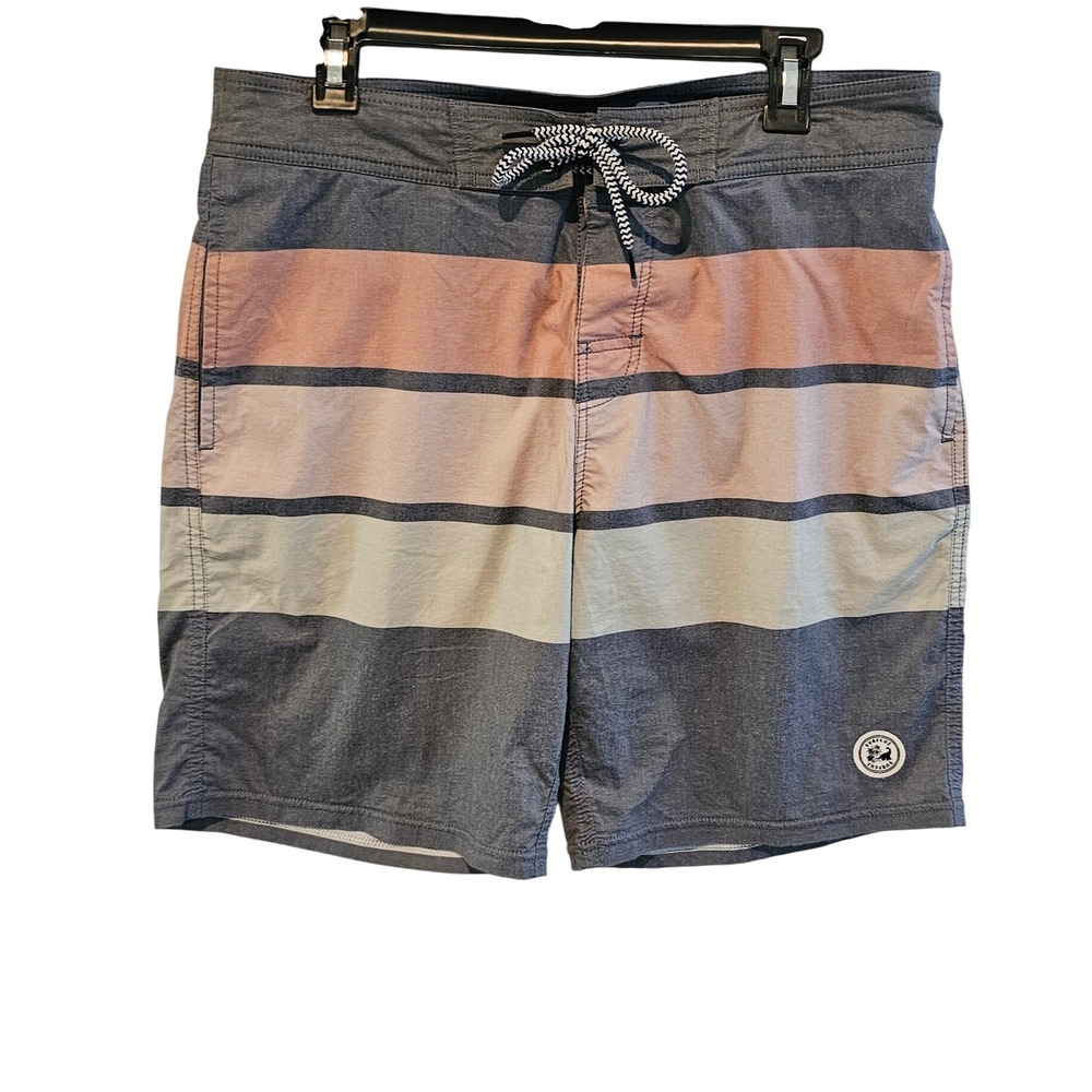SurfCuz Mens Striped Board Shorts Grey Pink Cream Size 32 Swim Trunks Stretch‎